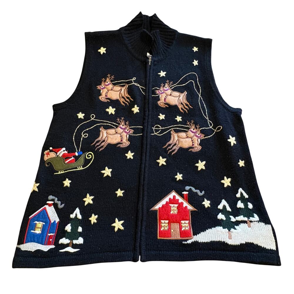 The Quacker Factory Black Embroidered Santa Christmas Reindeer Vest Ugly M